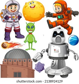 Set of space objects in space illustration