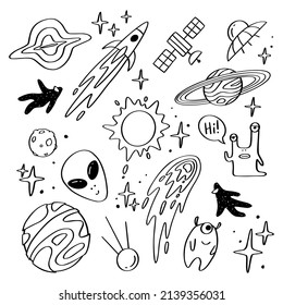 Set of space objects isolated on white background. Outline astronomical objects collection. Hand drawn style.Vector illustration EPS10