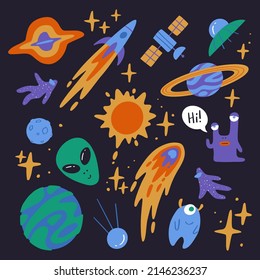 Set of space objects on black background. Outline astronomical objects collection. Hand drawn style.Vector illustration EPS10