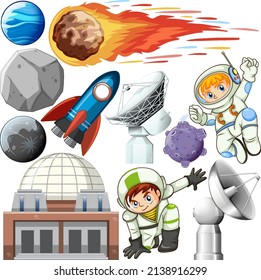 Set of space objects on white background illustration