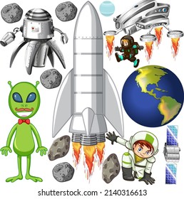 Set of space objects on white background illustration
