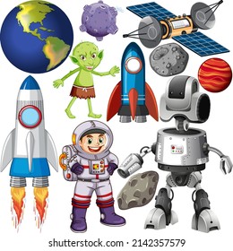 Set of space objects on white background illustration