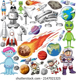 Set of space objects on white background illustration