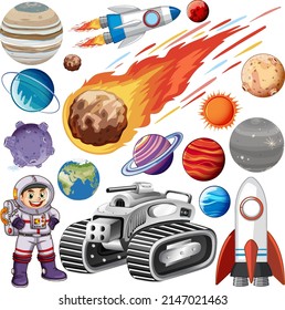 Set of space objects on white background illustration