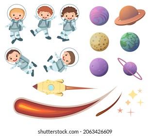 Set of space objects. Planets and astronauts children. Isolated on white background. Cartoon style. Flat design. Vector.