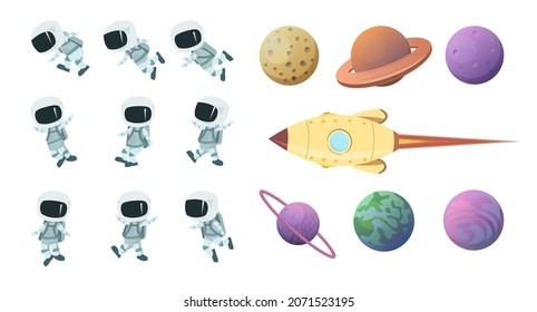 Set of space objects. Planets and astronauts children. Isolated on white background. Cartoon style. Flat design. Vector