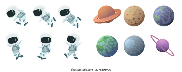 Set of space objects. Planets and astronauts children. Isolated on white background. Cartoon style. Flat design. Vector.