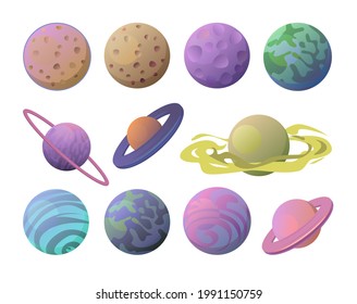 Set of space objects. Planets. Isolated on white background. Cartoon style. Flat design. Vector