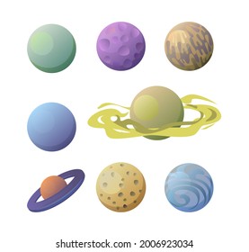 Set of space objects. Planets. Isolated on white background. Cartoon style. Flat design. Vector; 