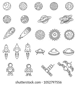 Set of space objects. Planets, stars, comet, spaceship, ufo, cosmic stations, astronaut. Collection of outer space icons Vector illustration