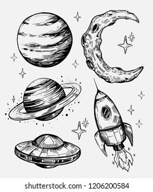 Set of space objects: planets, stars, rocket. Hand drawn vector