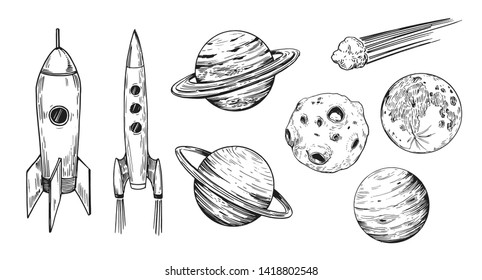 Set of space objects: planets, stars. Hand drawn vector