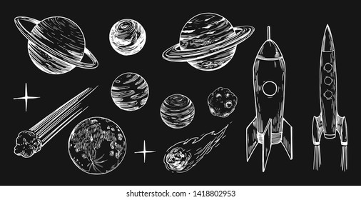 Set of space objects: planets, stars. Hand drawn vector