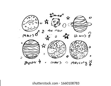 Set of space objects: planets, stars, comet. Hand drawn vector