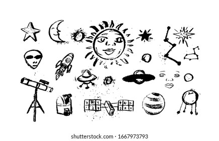 Set of space objects: planets, stars, comet, air ballon, telescope. Hand drawn vector