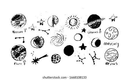 Set of space objects: planets, stars, circles, triangles. Hand drawn vector