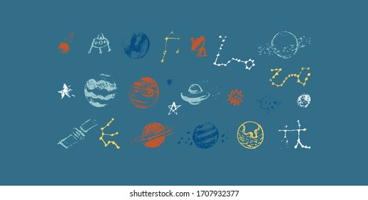 Set of space objects: planets, stars, circles, triangles. Hand drawn vector
