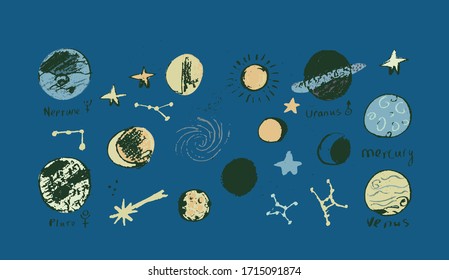 Set of space objects: planets, stars, circles, triangles. Hand drawn vector