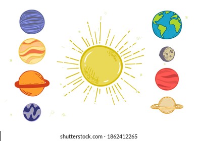 Set of space objects: planets, stars. Hand drawn vector, doodle. Sun Earth Moon