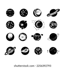 Set of space objects: planets, stars. Hand drawn vector