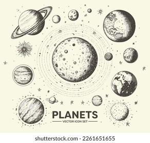 Set of space objects: planets, stars. Hand drawn vector