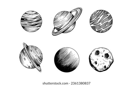 Set of space objects: planets, stars. Hand drawn vector