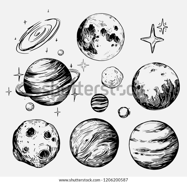 Set Space Objects Planets Stars Hand Stock Vector (Royalty Free) 1206200587