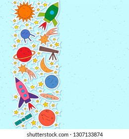 Set of space objects rocket, planet, star, comet, ufo, satellite. Vector illustration for poster, textile, wallpaper, card. 