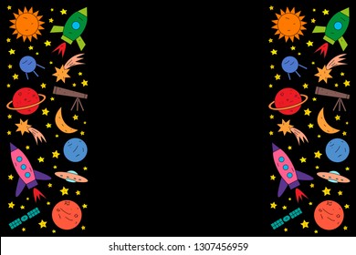 Set of space objects rocket, planet, star, comet, ufo, satellite on black background. Vector illustration for poster, banner, textile, wallpaper, card. 