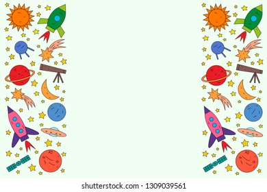 Set of space objects rocket, planet, star, comet, ufo, satellite. Vector illustration for poster, textile, wallpaper, card. 