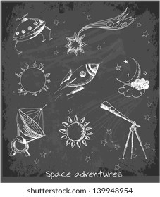 Set of space objects sketch on black chalkboard. Vector illustration.