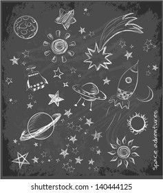 Set of space objects sketch on black chalkboard. Vector illustration.