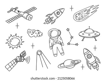 Set of space objects and symbols in doodle style. Vector illustration.