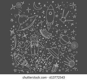 Set of Space objects and symbols on grey background. Vector doodle space.