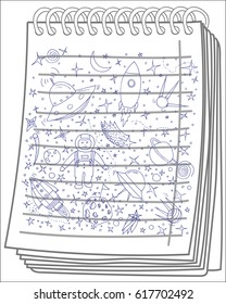 Set of Space objects and symbols on notebook background. Vector doodle space.