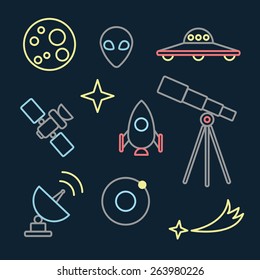 Set with space objects, telescope, stars, flying saucer