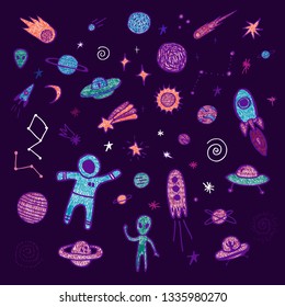 Set of space objects. Vector hand drawn illustration