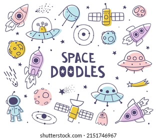 Set of space outline doodles. Cosmic collection of spaceships, stars, ufo and meteors. Outer space doodle bundle.