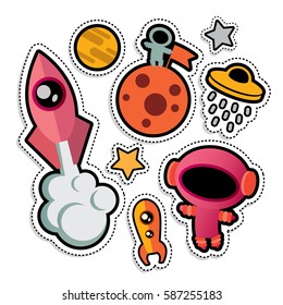 Set of space patches. Colorful icons of planet, rocket, flying saucer, alien, astronaut, satellite. Vector