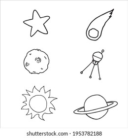 set of space and planet doodle art vector, hand drawn clipart element for design