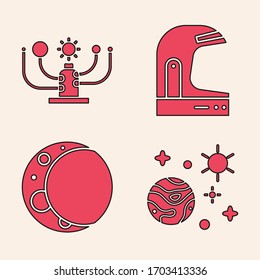 Set Space and planet, Solar system, Astronaut helmet and Moon icon. Vector