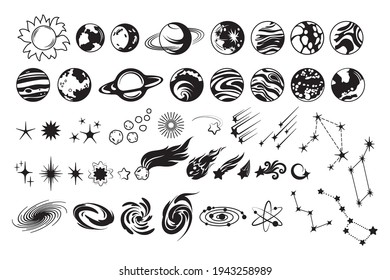 Set of space planets. Collection of celestial bodies and celestial bodies. Astronomy. Design of universal objects. Vector illustration of the solar system.