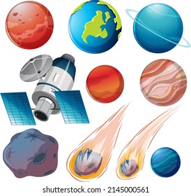 Set of space planets on white background illustration