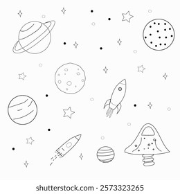 set of space, planets, rockets and stars in doodle style