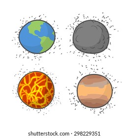 Set space planets and stars on a white background. Vector illustration. 