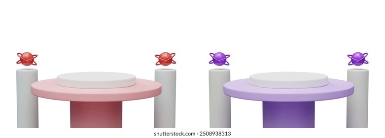 Set of space platforms of different colors. Large pedestal with decorative columns, planets
