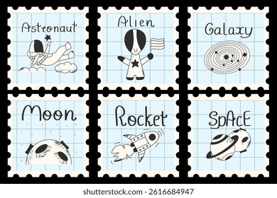 Set of space with postage stamps. Cosmic design elements. Collection of cards with doodle astronaut, universe, rocket and moon.