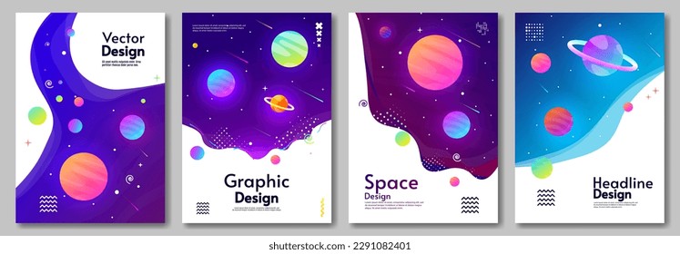 Set of space posters. Design for greeting brochures, invitation, flyer, poster, background. Template for invitation. Vector illustration.