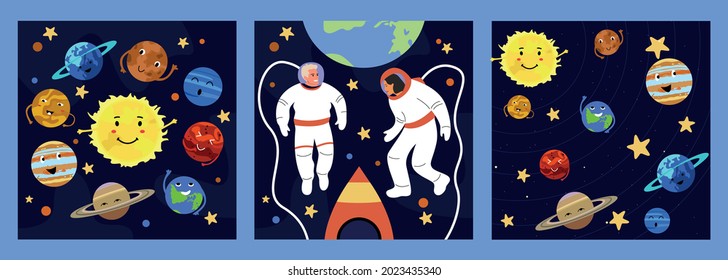 Set of space posters with planets, rockets and astronauts.  Galaxy, science, universe, education, technology.  Vector illustration and games for children, textiles, wallpaper.