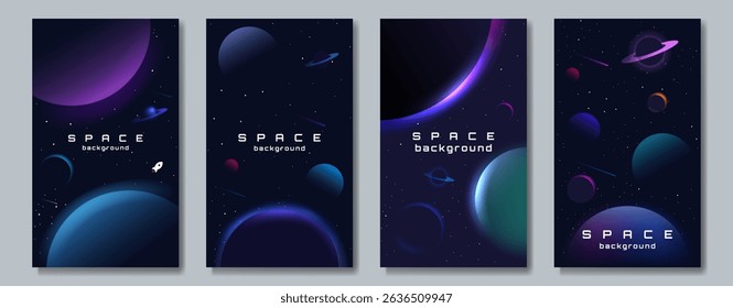 Set of space posters. Template for invitation. Vector illustration. Design for greeting brochures, invitation, flyer, poster, background. 